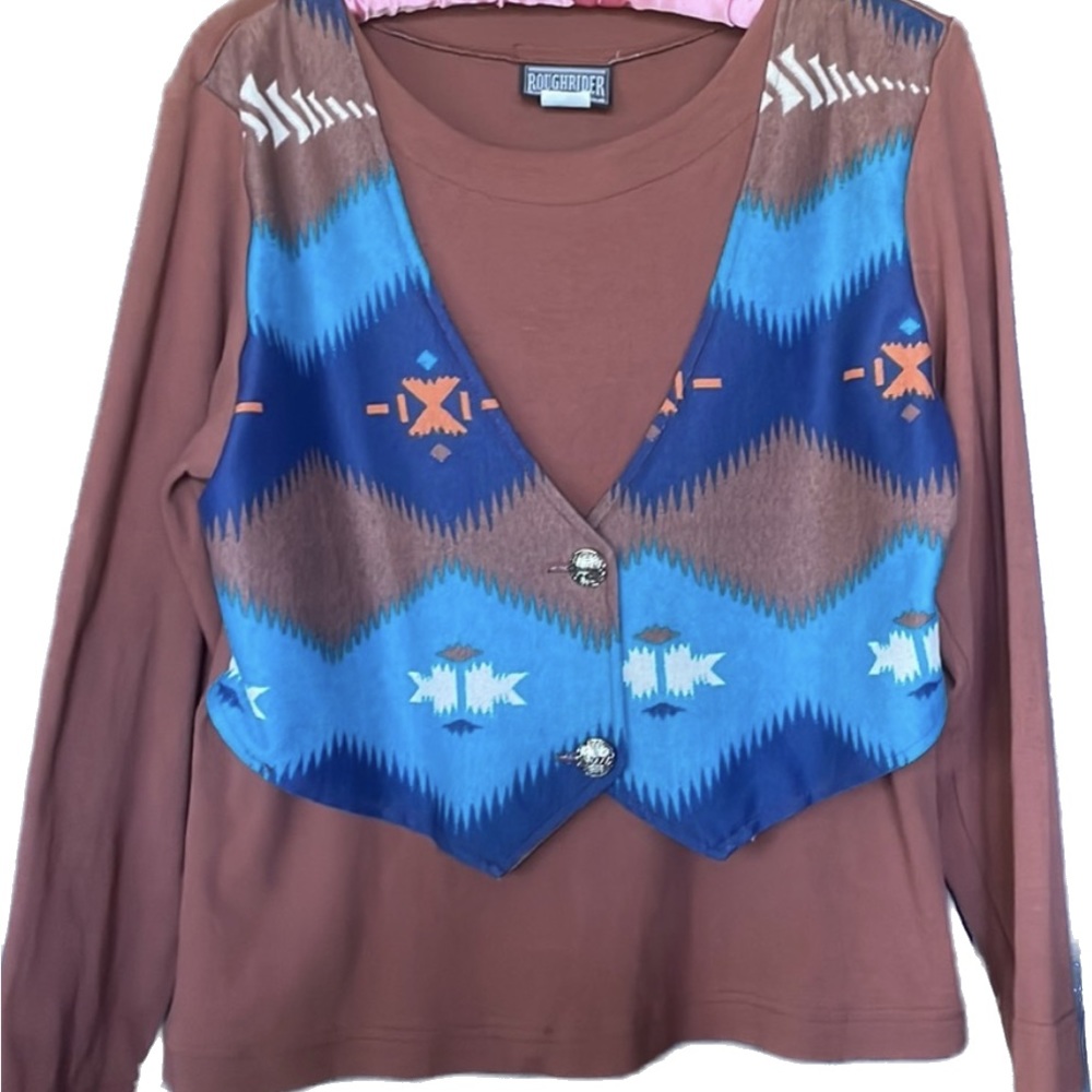 Roughrider vtg western shirt with attached vest. Large brown with Aztec print